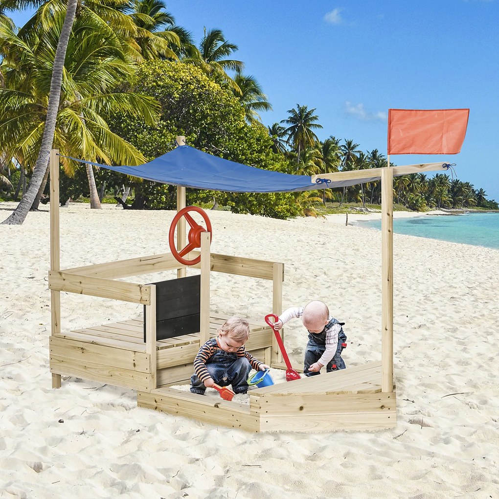 Caixa de Areia Infantil de Madeira Desenho de Barco a Vela Toldo Quadro Negro bandeira Vermelha e Volante Caixa de Areia de Jardim para Crianças acima