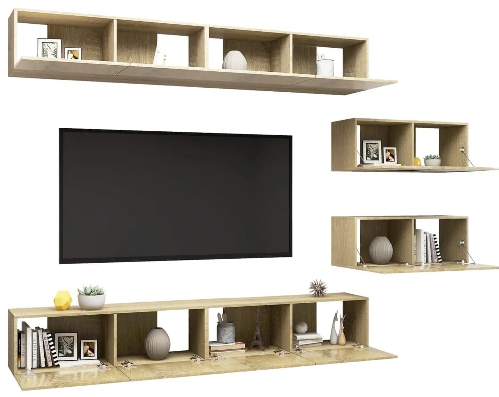 6 pcs conjunto móveis de TV derivados madeira carvalho sonoma