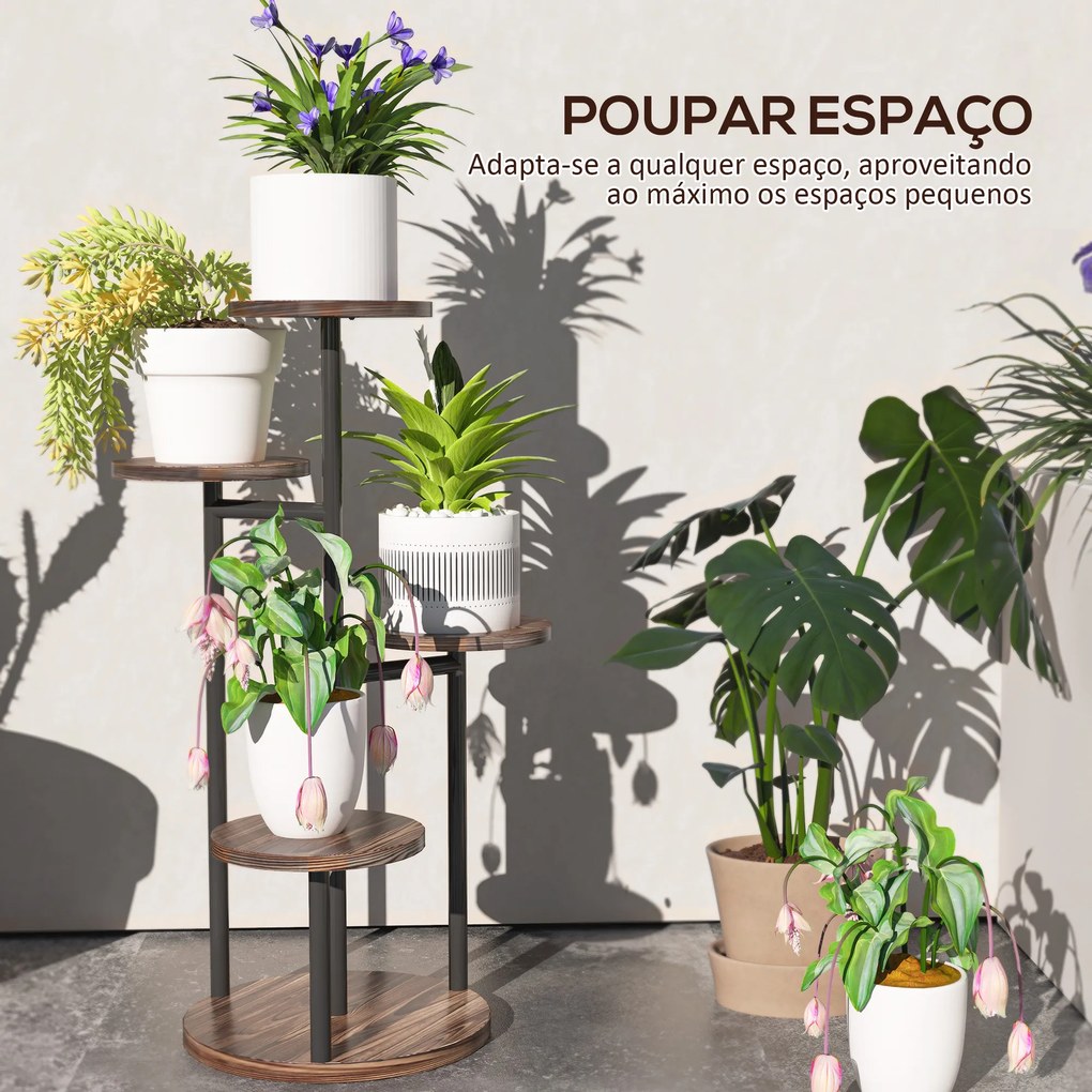 Suporte para Plantas de 5 Níveis Suporte para Plantas de Madeira e Aço com 5 Prateleiras Redondas 43x43x70 cm Madeira