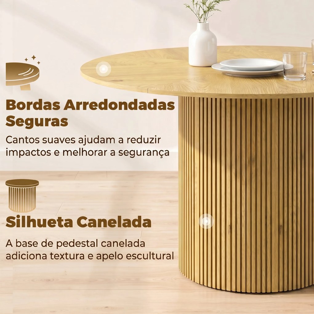 Mesa de Jantar Redonda Moderna 110x110x75 cm (CxLxA) para 4-6 Pessoas (CADEIRAS NÃO INCLUIDAS) com Base Cilíndrica Canelada Carvalho
