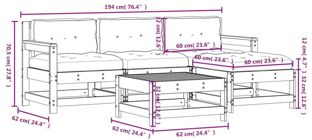 5 pcs conjunto lounge jardim com almofadões madeira maciça