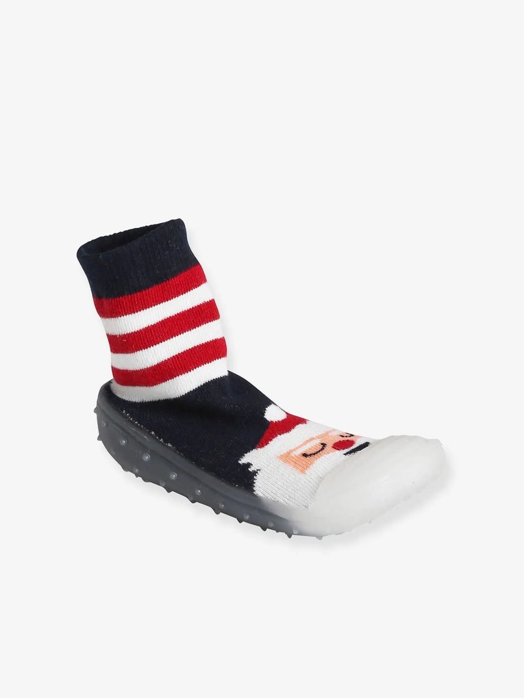 Pantufa-meia antiderrapante, especial Natal, para criança riscas vermelho