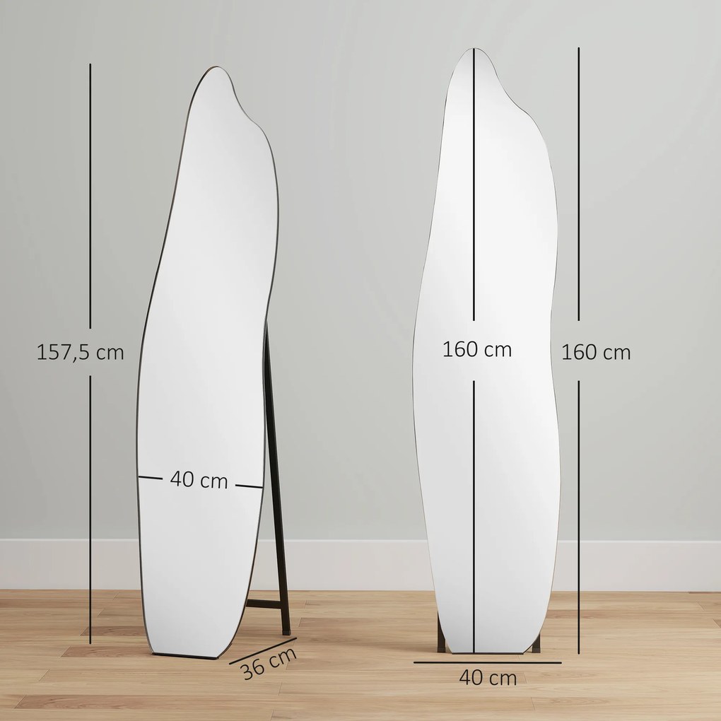 Espelho de Pé 160x40 cm sem Moldura Espelho de Corpo Inteiro Forma Irregular com Suporte Metálico Preto