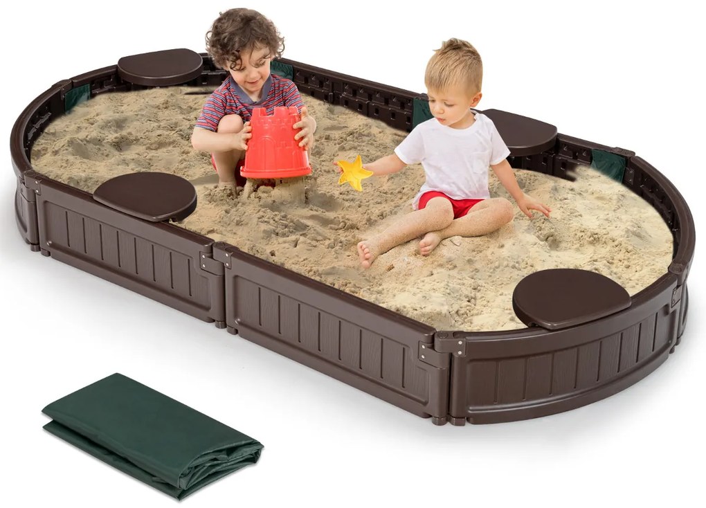 Caixa de areia infantil 183 cm para 4 crianças Kit caixa de areia ao ar livre com assentos à prova d'água para varanda e praia castanho