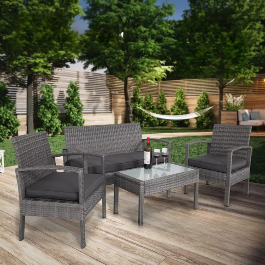 Conjunto de jardim Polyrattan de 4 peças com 2 bancos, 2 sofá e 1 mesa jardim cinzento/antracite