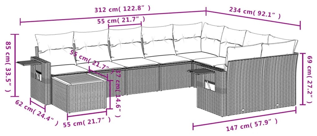 10 pcs conj. sofás jardim c/ almofadões vime PE bege misturado