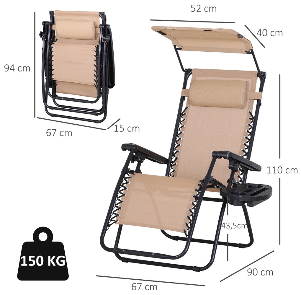 Outsunny Espreguiçadeira Dobrável Gravidade Zero com Toldo Apoio para os Braços Espreguiçadeira Reclinável com Bandeja Removível 90x67x110cm Bege