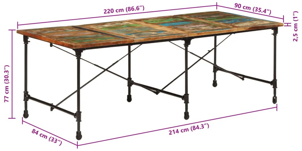 Mesa de jantar 220x90x77 cm madeira recuperada maciça
