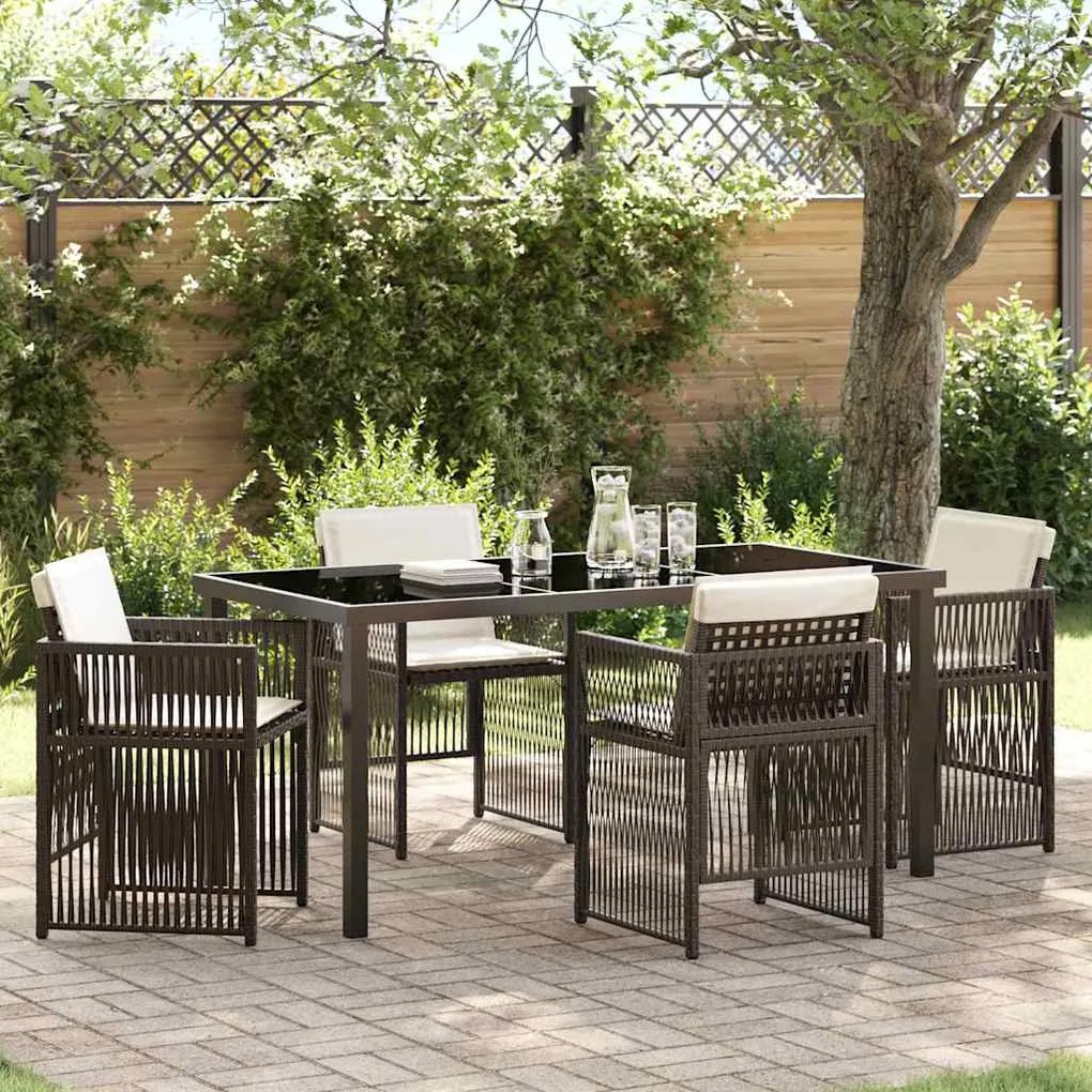vidaXL Conjunto de Jantar para Jardim 5 Peças com Almofadas Castanhas em Rattan Sintético