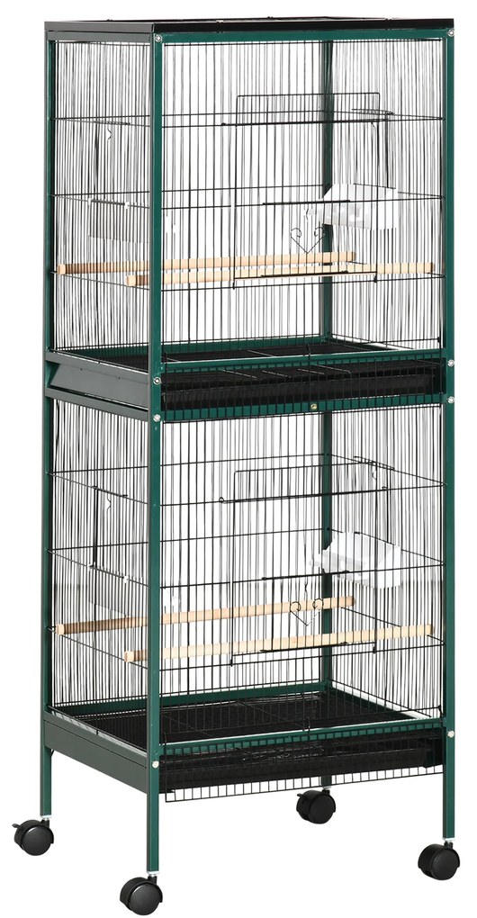 Pawhut Grande Gaiola para Pássaros em Pé Dupla com Comedouros Poleiros Bandeja Removível Rodízios 51,5x50x140 cm | Aosom Portugal