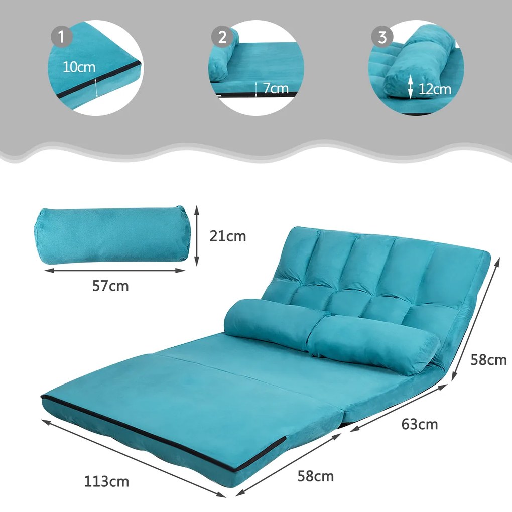 Sofá de chão ajustável Sofá-cama dobrável em 6 posições Revestimento removível em camurça com 2 almofadas Azul