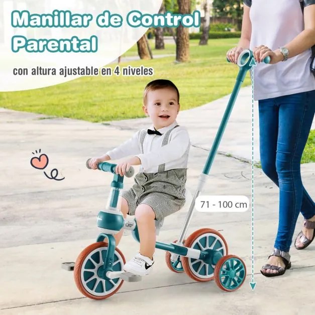 Triciclo para crianças 2-4 anos Bicicleta de equilíbrio 4 em 1 com pedais ajustáveis em altura e rodas amovíveis 37 x 72 x 101 cm Verde