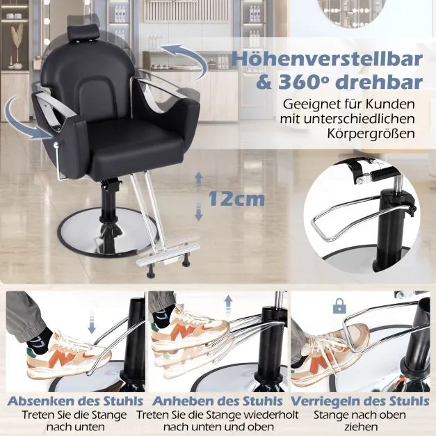 Cadeira de cabeleireiro ajustável em altura com apoio para a cabeça e bomba hidráulica, cadeira de salão giratória 360° preta