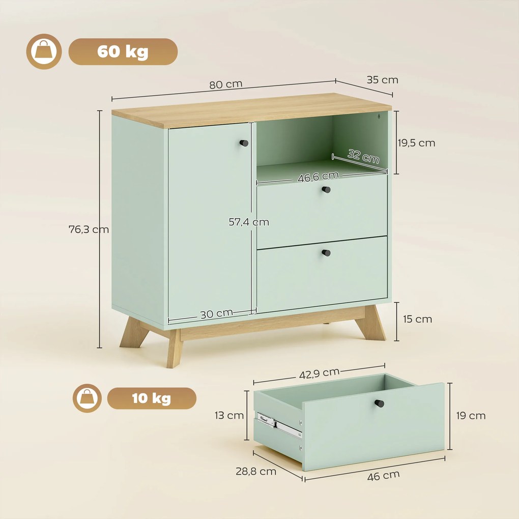 Aparador de sala 80 (L) x 35 (P) x 76,3 (A) cm, móvel de arrumação com porta, 2 gavetas, compartimento aberto e prateleira ajustável, verde claro e co