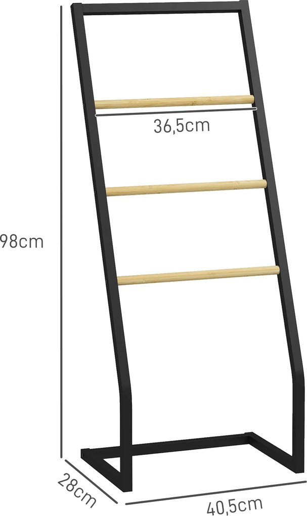 Toalheiro de Pé para Casa de Banho com 4 Barras em Bambu e Aço 40,5x28x98 cm Preto e Madeira