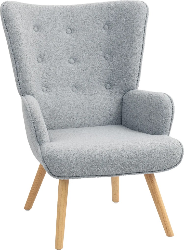 Poltrona de sala em tecido bouclé, poltrona estofada com pés de madeira, 71 x 74 x 96 cm, cinzento claro