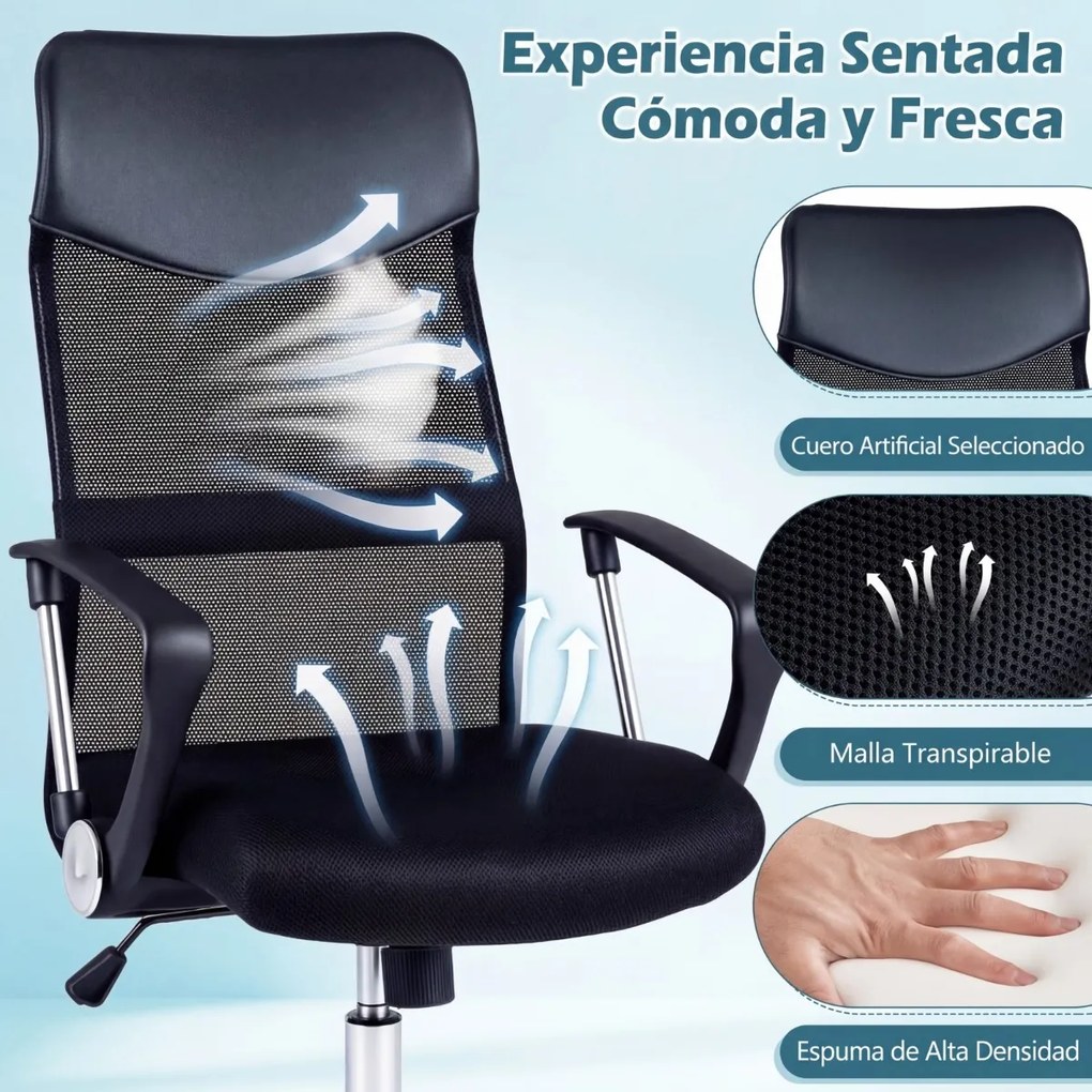 Cadeira de escritório ergonómica com rodas, altura 112-122 cm, braços, encosto em malha e couro PVC, reclinação, capacidade de 150 kg, preta