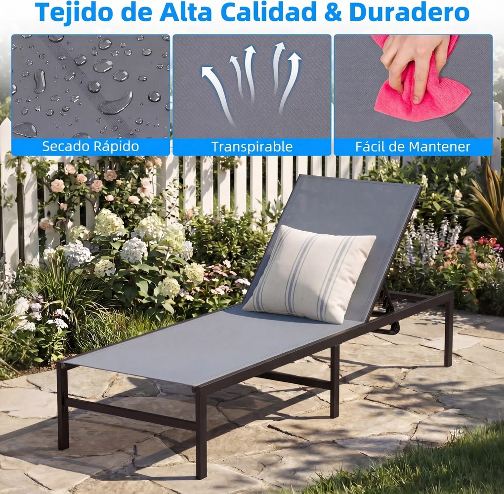 Conjunto de 2 Espreguiçadeiras de Exterior, 64 x 198 x 67-103 cm, Encosto Ajustável em 6 Níveis, Cinzento