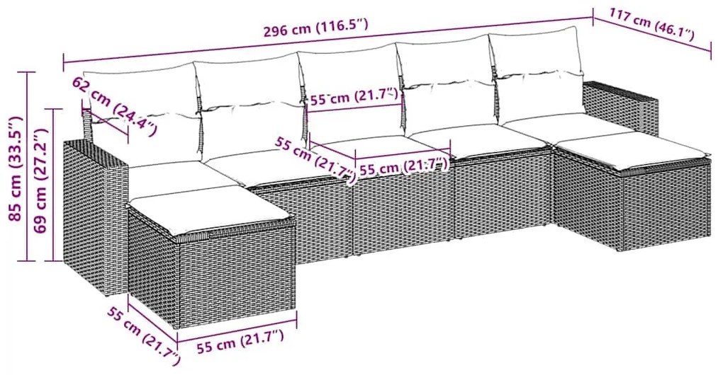 7 pcs conjunto de sofás jardim c/ almofadões vime PE castanho