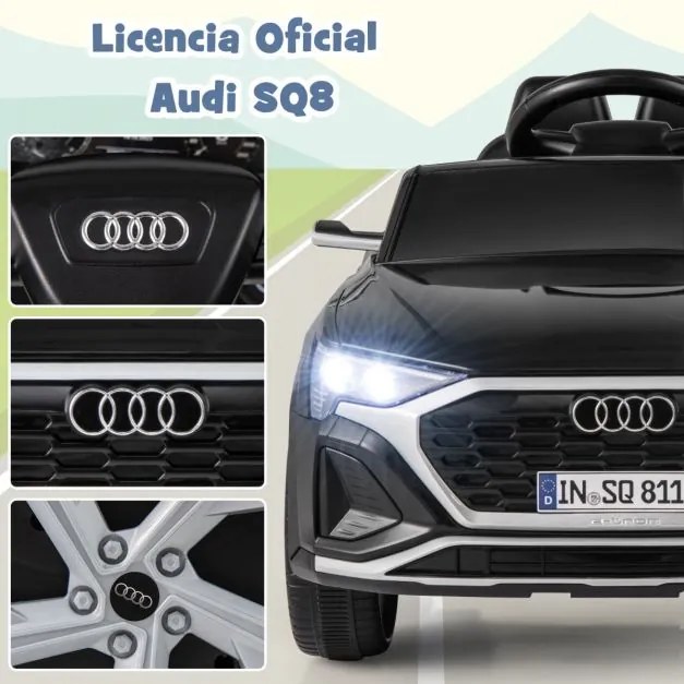 Carro elétrico para crianças Audi SQ8 licenciado de 12 V com controlo remoto Buzina Luzes LED Música 3 velocidades Arranque suave Preto