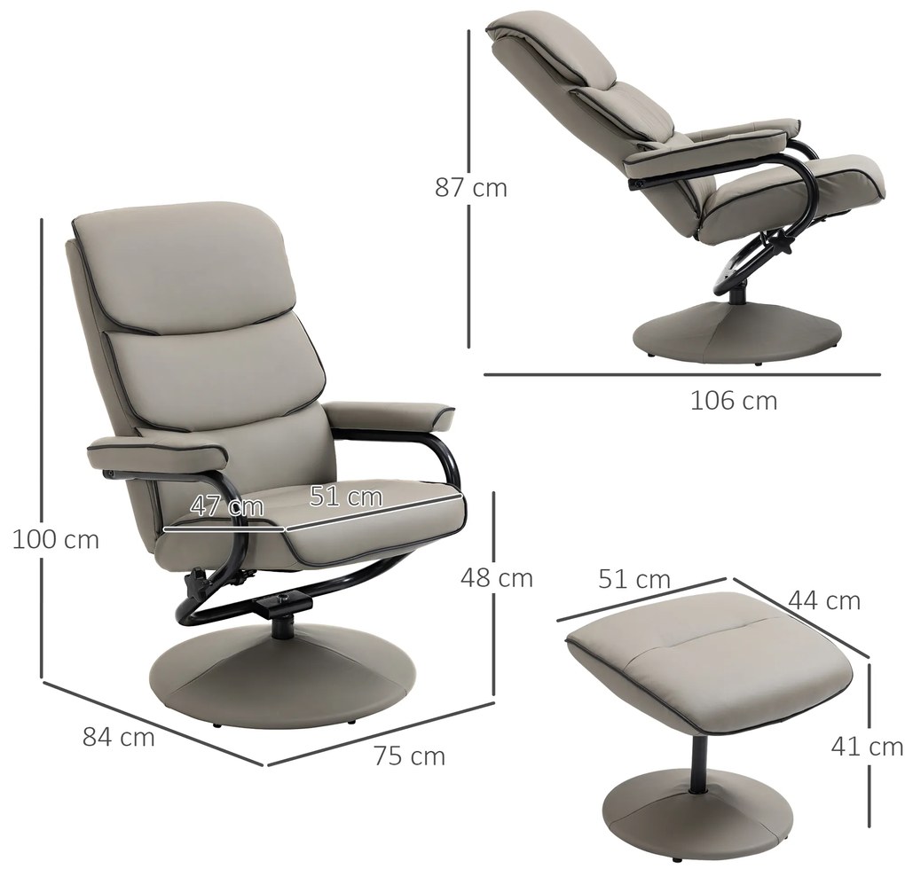 HOMCOM Poltrona Relax com Banco para Apoiar os Pés Poltrona Relax Giratória Reclinável em até 135° Estofada em PU 75x84x100cm Cinza