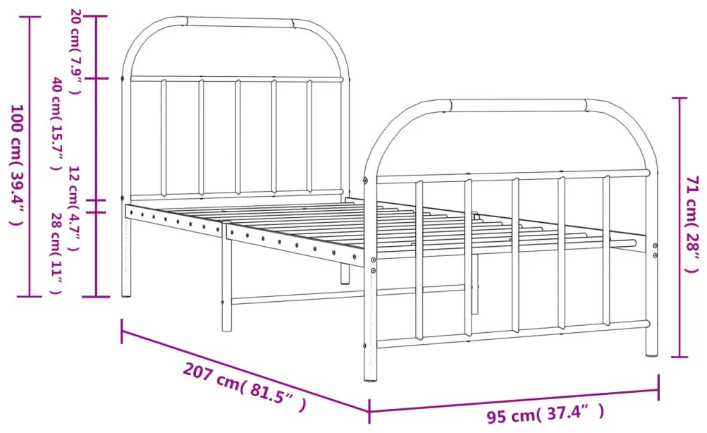 Estrutura de cama com cabeceira e pés 90x200 cm metal preto