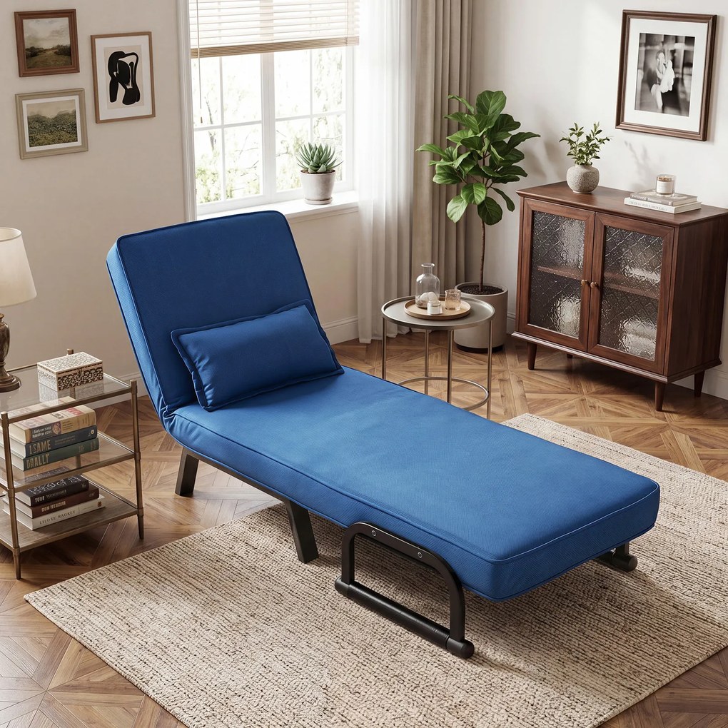 Sofá-Cama Individual Convertível, 186 x 64 cm, Encosto Ajustável em 6 Níveis, Azul