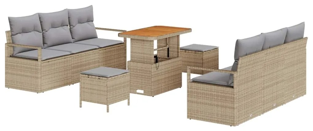 Conjunto de Sofá de Jardim de 9 Peças com Almofadas Bege de Rattan e A