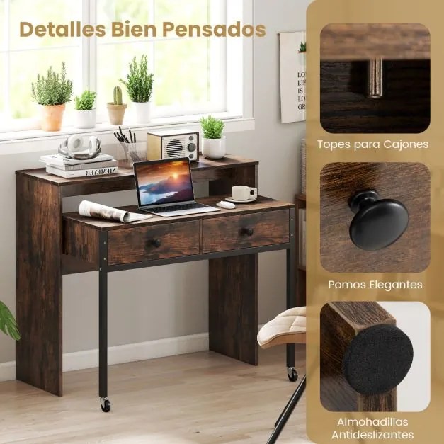 Secretária extensível, mesa pequena para computador com 2 gavetas e rodas100 x 63 x 88 cm Castanho