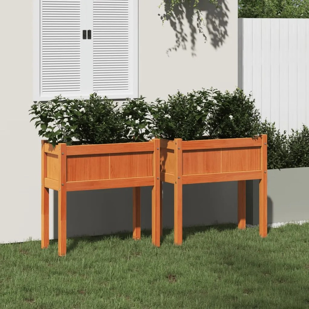 Floreiras de jardim c/ pernas 2 pcs pinho maciço castanho cera