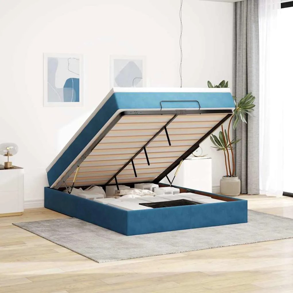 Estrutura de cama otomana com colchão 140x190cm azul escuro