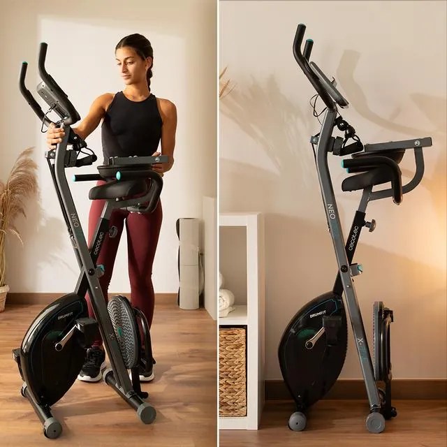 Bicicleta estática ergométrica dobrável DrumFit X-Bike 3000 Neo Pro. Volante 3 kg. Sistema MultiTrainer: Duas faixas elásticas e uma plataforma girató