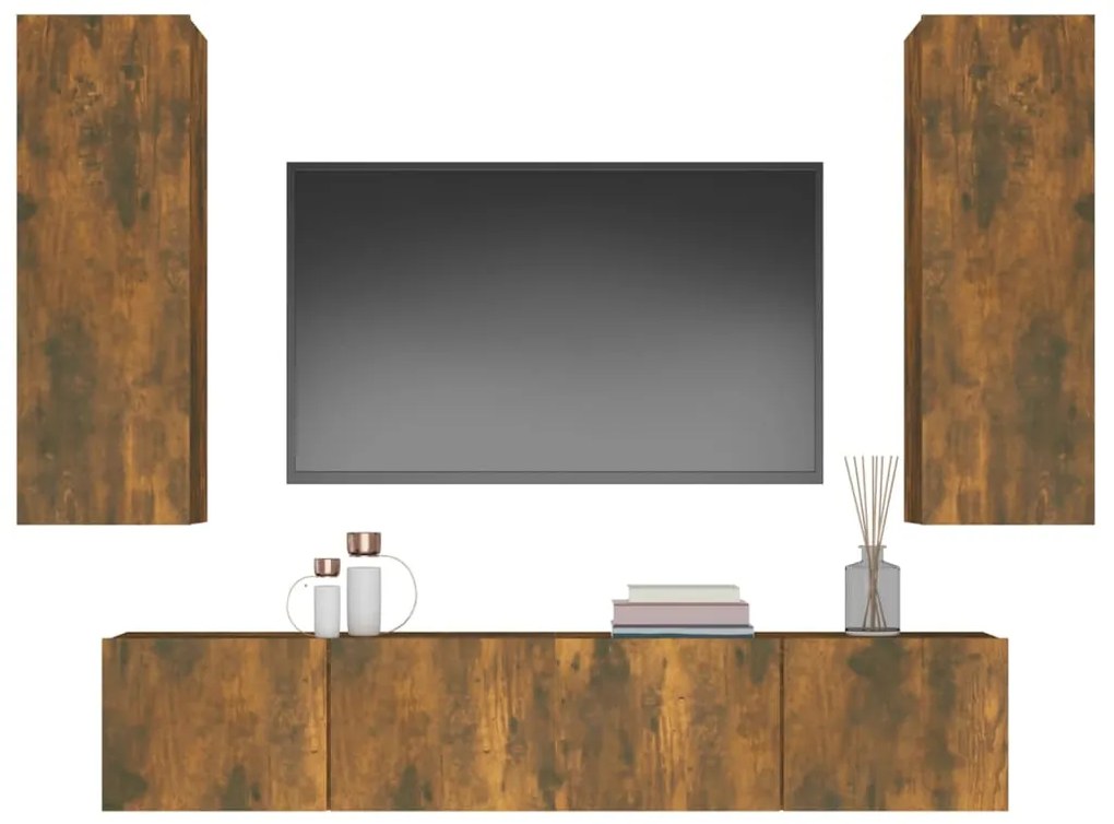Conjunto móveis de TV 4 pcs madeira processada carvalho fumado