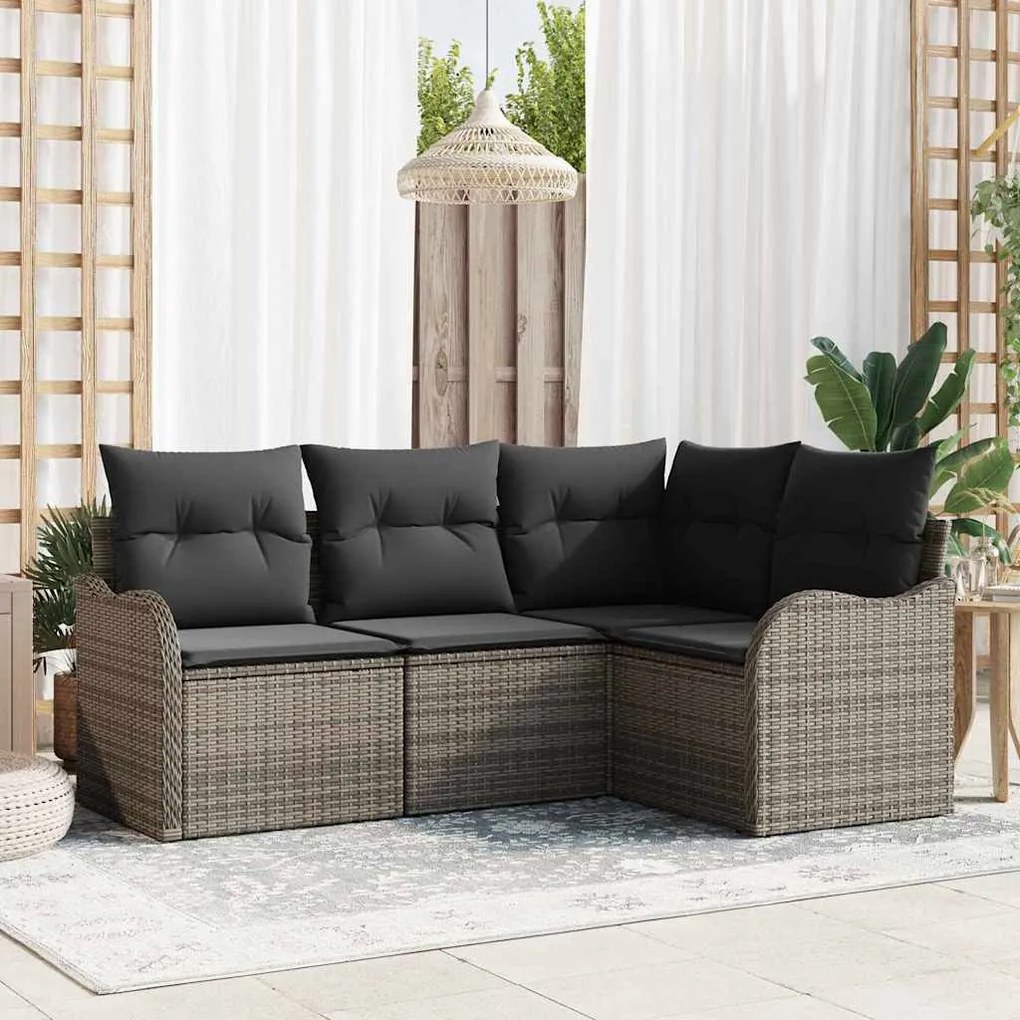 vidaXL Conjunto de Sofá de Jardim de 4 Peças com Almofadas Cinza em Rattan Sintético