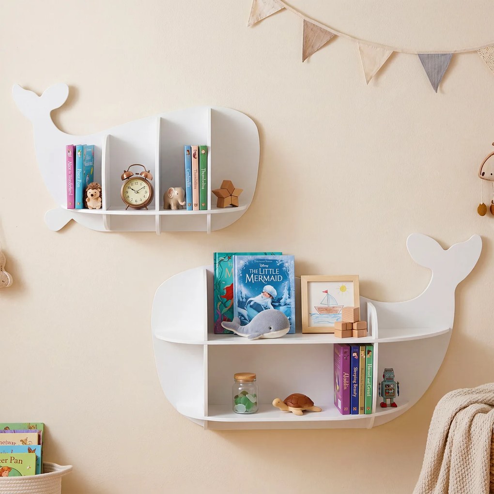 Conjunto de 2 prateleiras suspensas em forma de baleia com compartimentos abertos - Estante suspensa em madeira para quarto infantil ou creche - Branc