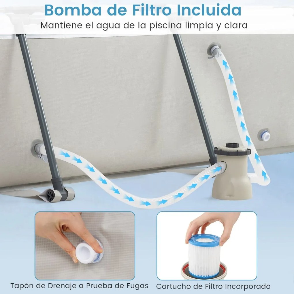 Piscina 300 cm x 207 cm x 66 cm Retangular com Bomba de Filtro Cartucho e Estrutura para Crianças e Adultos Cinza