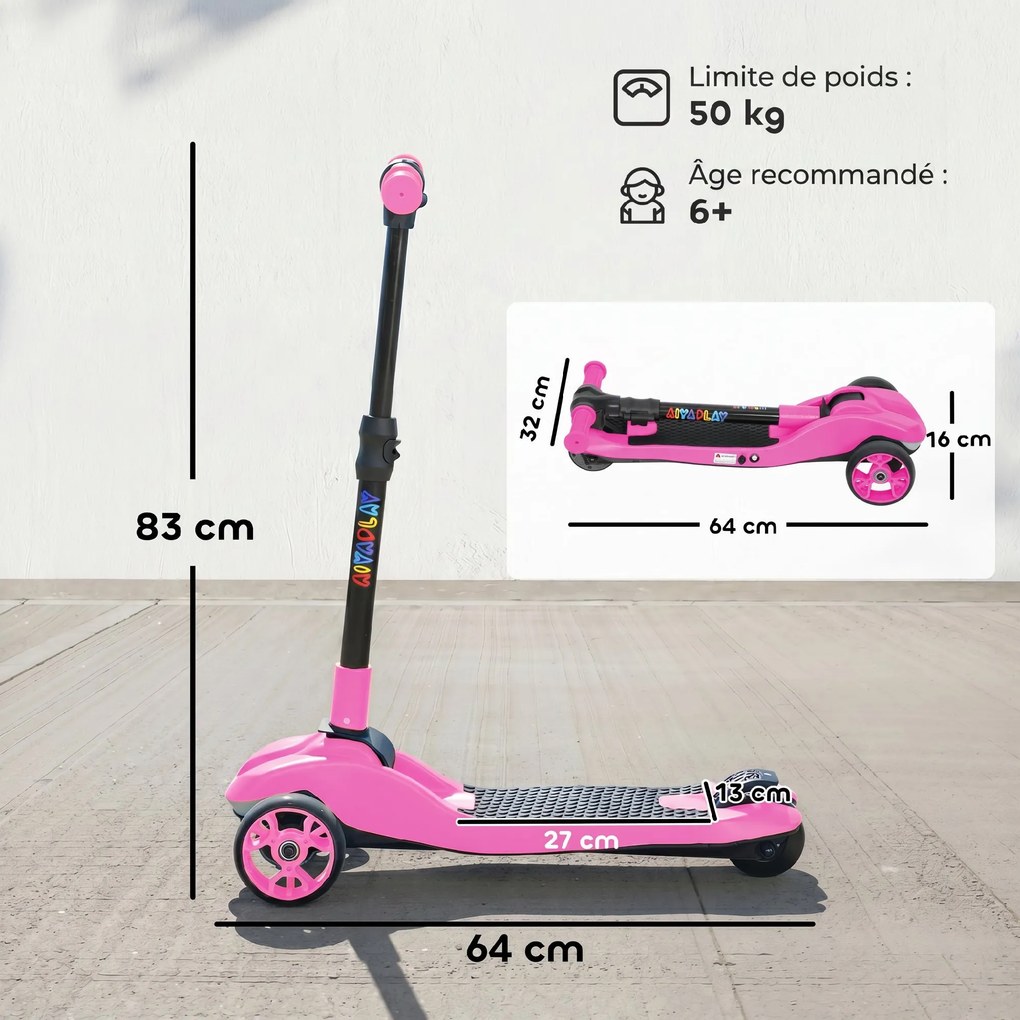 Trotinete Elétrica para Crianças de 3 Rodas, 64 x 29 x 83 cm, Dobrável, Cor-de-rosa