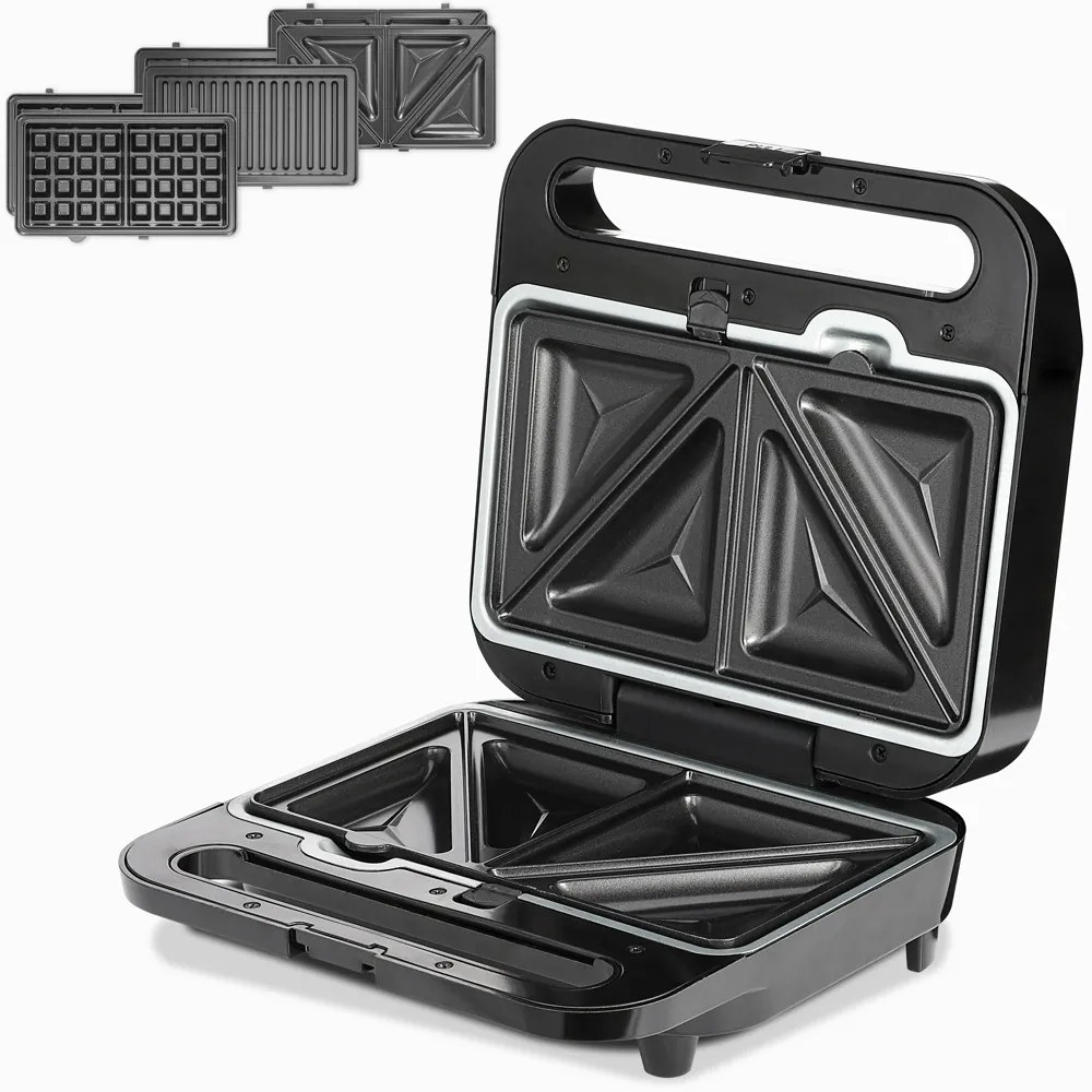 Grelhador de contacto XXL 3 em 1 de 1000 W, 25 x 23 x 10 cm Preto + Prateado