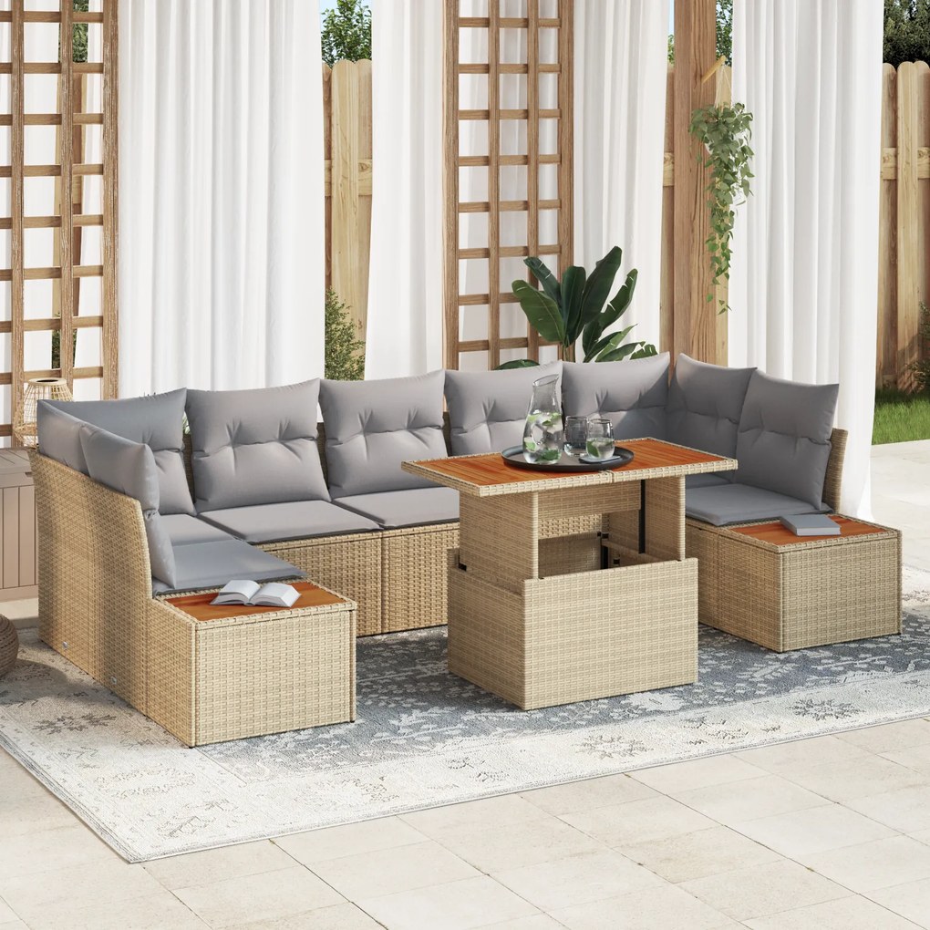 Conjunto de Jantar de Jardim com 8 Peças e Almofadas Bege em Rattan de