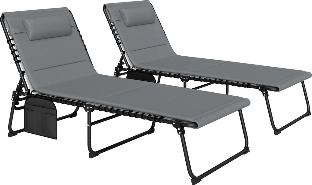 Outsunny Conjunto de 2 espreguiçadeiras dobráveis Espreguiçadeira de jardim com almofada Encosto regulável em 5 posições Bolso lateral Cinza escuro | Aosom Portugal