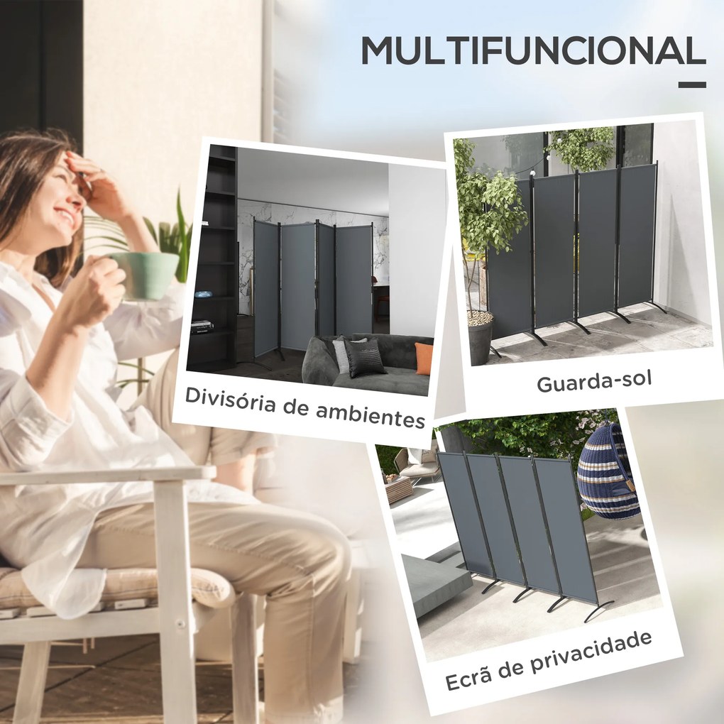 Biombo Separador de Ambientes de 4 Painéis Biombo Dobrável 221x172 cm com Pés Largos para Terraço Pátio Jardim Cinza Escuro