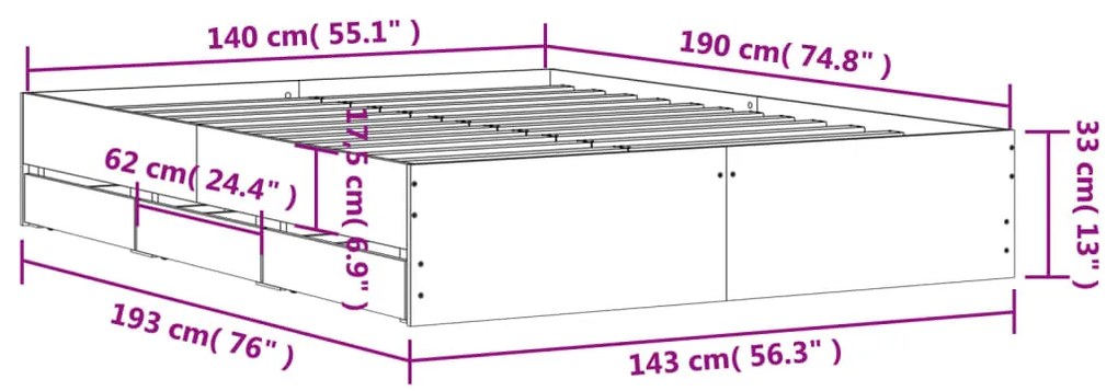 Estrutura de cama c/ gavetas 140x190cm derivados madeira branco