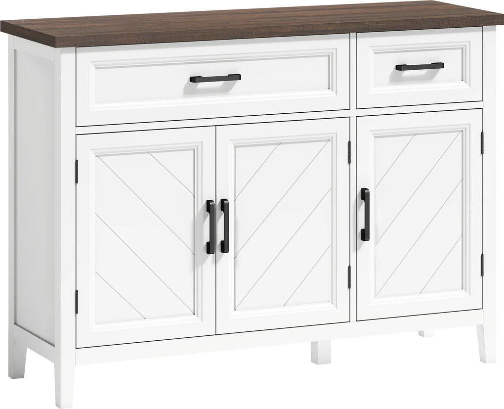 HOMCOM Aparador para sala, móvel de arrumação com 3 portas em espinha de peixe, 2 gavetas e 2 prateleiras reguláveis, 110 x 35 x 80,5 cm, branco | Aosom Portugal