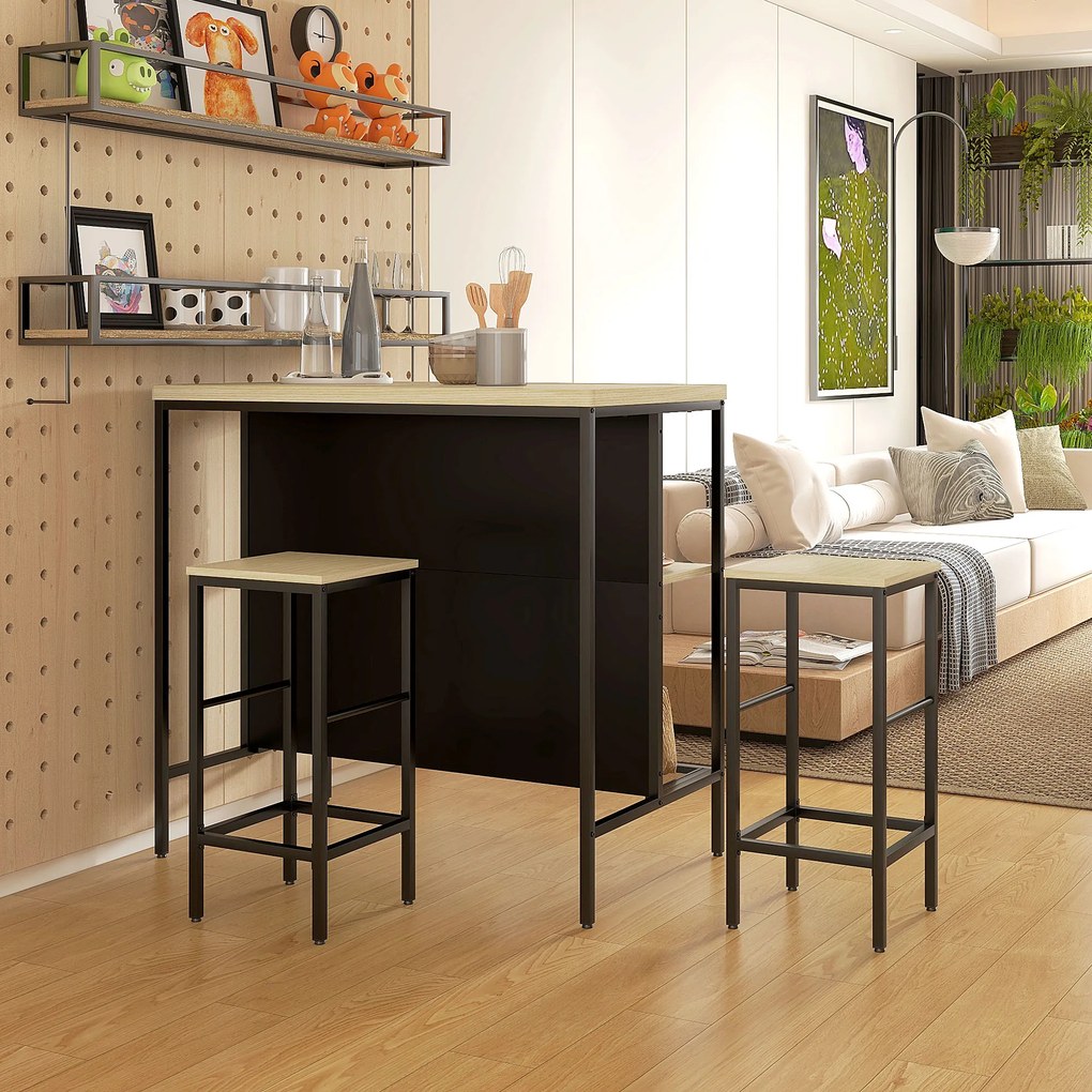 Conjunto de mesa de bar e 2 bancos de estilo industrial com prateleira de arrumação, apoio para os pés, em metal preto e com aspeto de madeira