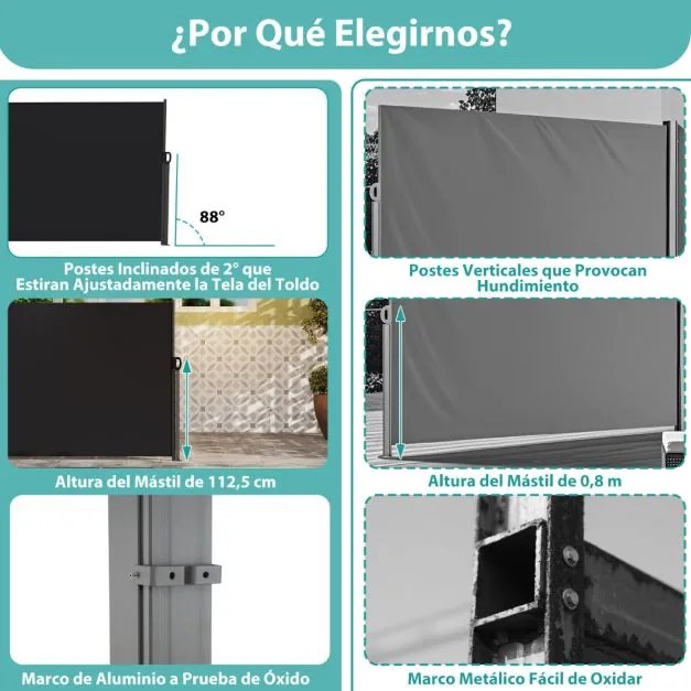 Toldo lateral retrátil para jardim 300 x 160 cm de privacidade para exterior enrolável e dobrável Preto