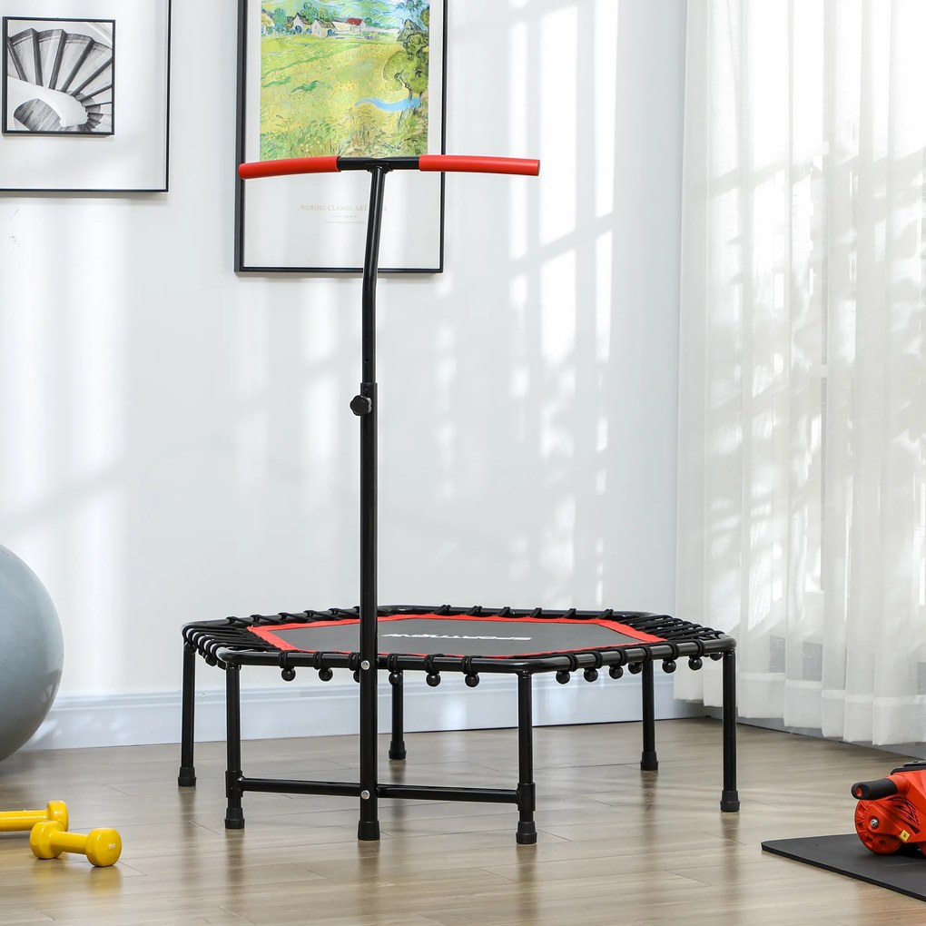 Trampolim de fitness de 114 cm, cordas elásticas, pega ajustável em 3 posições, trampolim de exercício silencioso, vermelho