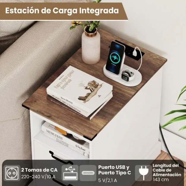 Mesa de cabeceira, mesa apoio 60 x 35,5 x 62 cm rústica com estação de carregamento com prateleira aberta e 2 gavetas para quarto e sala Branca