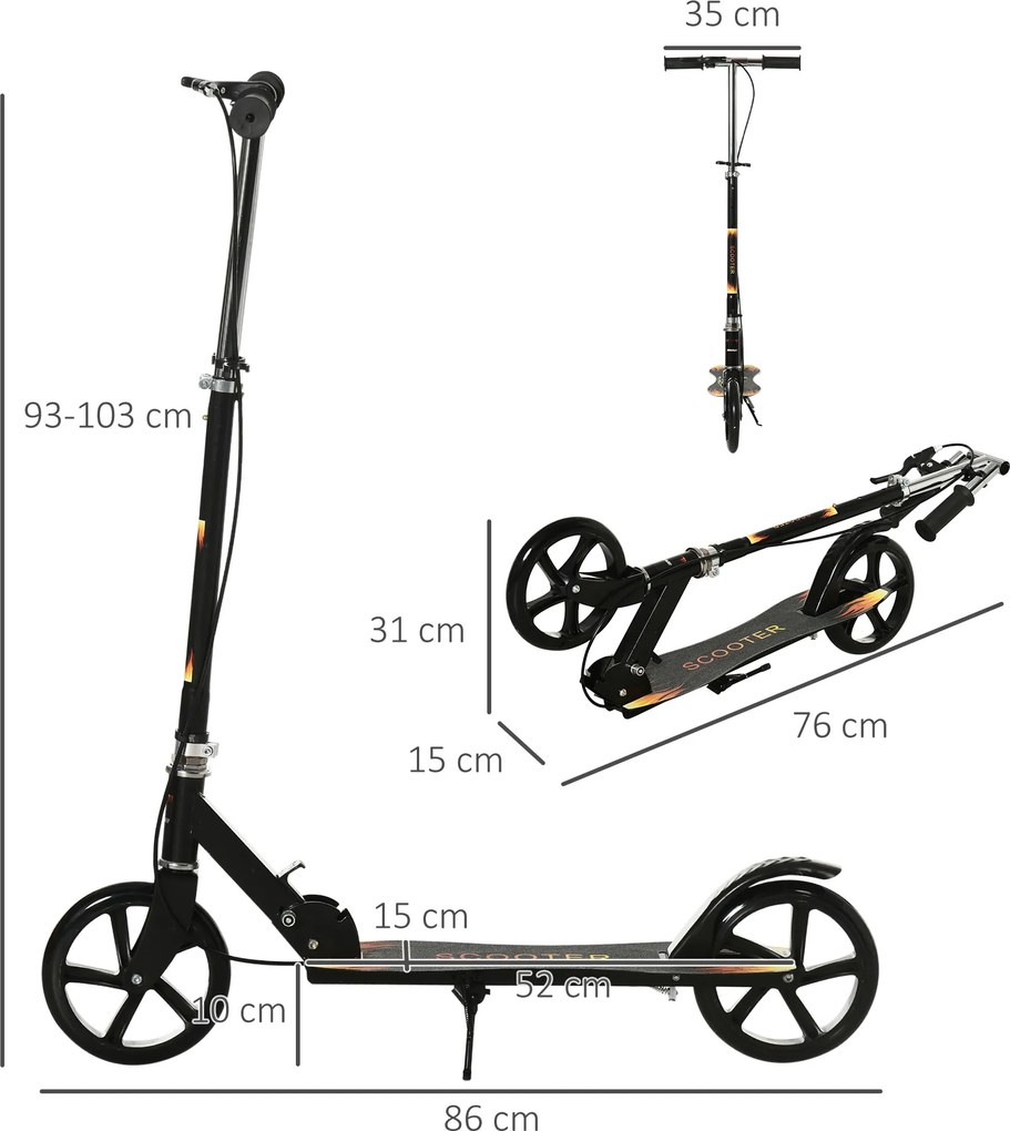 Trotinete dobrável para criança com guiador ajustável em altura e travão duplo 86 x 35 x 93-103 cm preto
