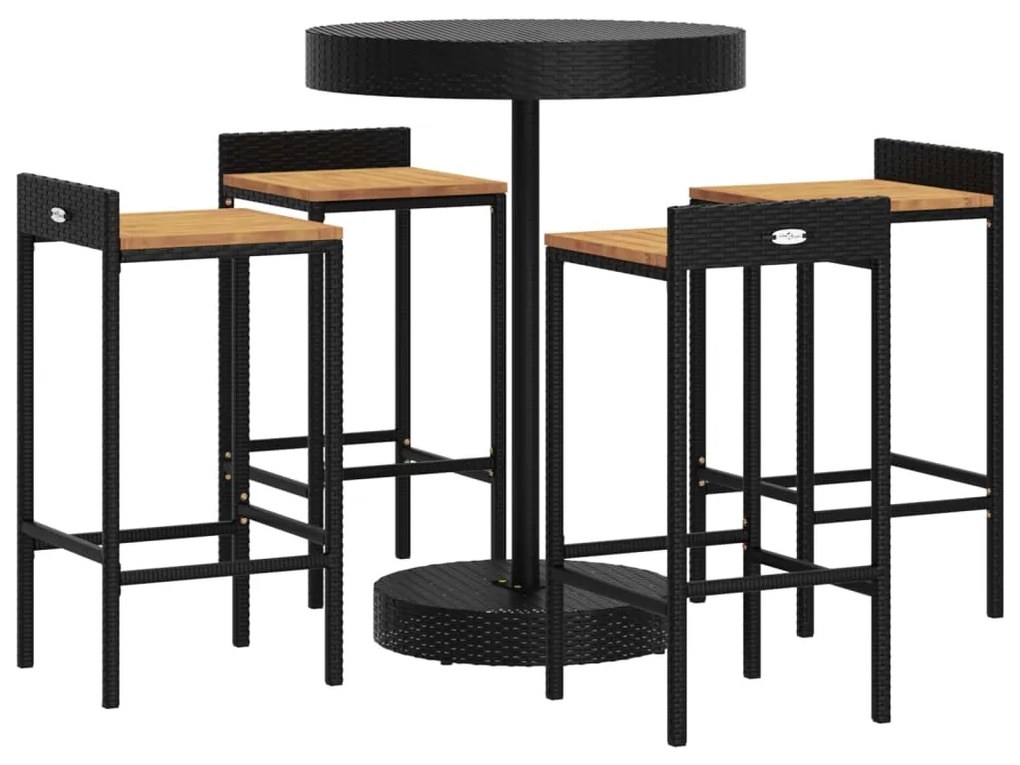 5 pcs conjunto de bar p/ jardim vime PE/acácia maciça preto