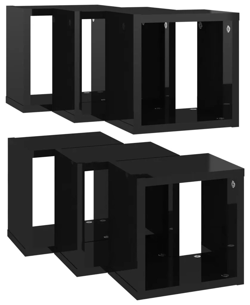 Prateleiras parede forma de cubo 6 pcs 22x15x22 cm preto brilh.